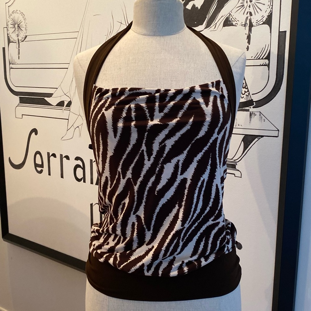 Byer California Womens Brown Cream Zebra Print Halter Top / Size S